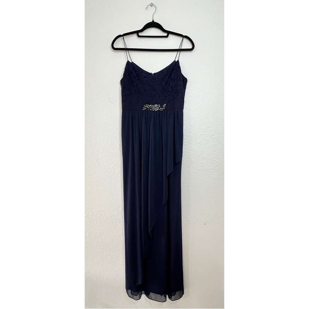 Adrianna Papell Navy Blue Long Formal Rhinestone Lace Gown Dress Women’s Size‎ 8